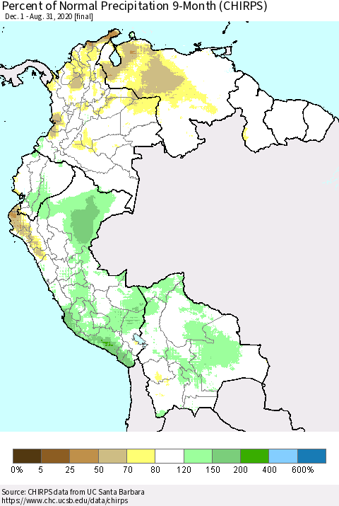 Northern South America Percent of Normal Precipitation 9-Month (CHIRPS) Thematic Map For 12/1/2019 - 8/31/2020