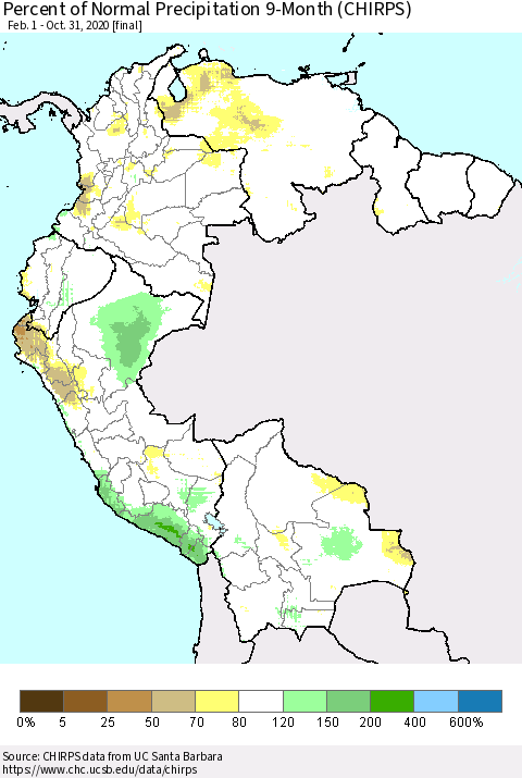 Northern South America Percent of Normal Precipitation 9-Month (CHIRPS) Thematic Map For 2/1/2020 - 10/31/2020