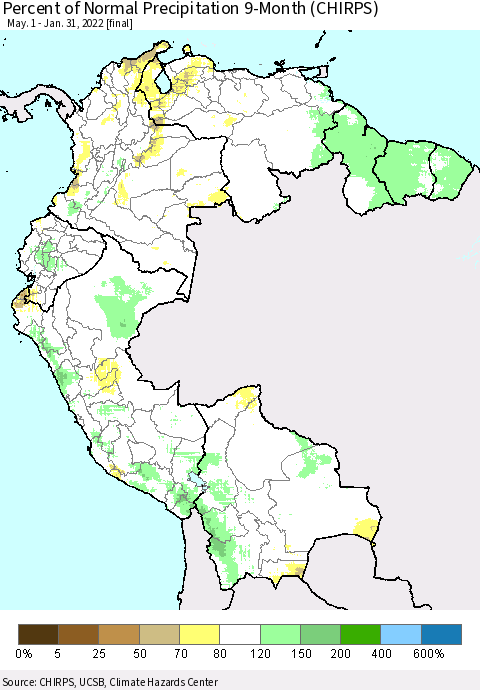 Northern South America Percent of Normal Precipitation 9-Month (CHIRPS) Thematic Map For 5/1/2021 - 1/31/2022