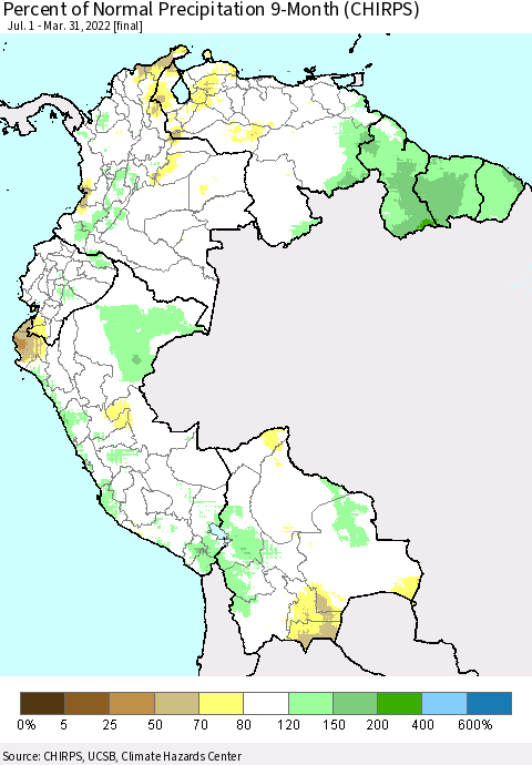 Northern South America Percent of Normal Precipitation 9-Month (CHIRPS) Thematic Map For 7/1/2021 - 3/31/2022