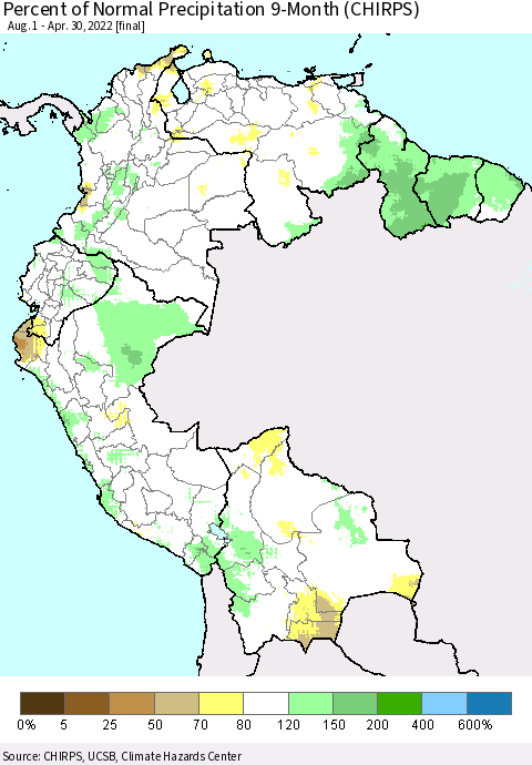 Northern South America Percent of Normal Precipitation 9-Month (CHIRPS) Thematic Map For 8/1/2021 - 4/30/2022