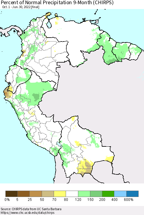 Northern South America Percent of Normal Precipitation 9-Month (CHIRPS) Thematic Map For 10/1/2021 - 6/30/2022