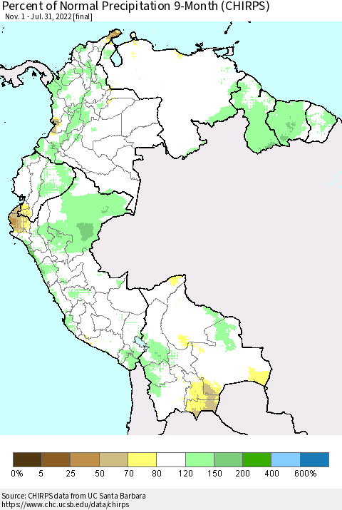 Northern South America Percent of Normal Precipitation 9-Month (CHIRPS) Thematic Map For 11/1/2021 - 7/31/2022