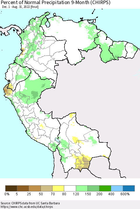 Northern South America Percent of Normal Precipitation 9-Month (CHIRPS) Thematic Map For 12/1/2021 - 8/31/2022