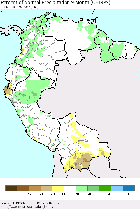 Northern South America Percent of Normal Precipitation 9-Month (CHIRPS) Thematic Map For 1/1/2022 - 9/30/2022