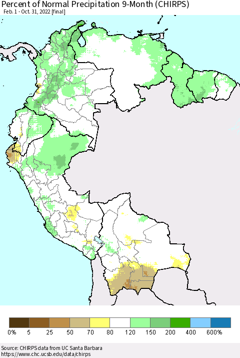 Northern South America Percent of Normal Precipitation 9-Month (CHIRPS) Thematic Map For 2/1/2022 - 10/31/2022