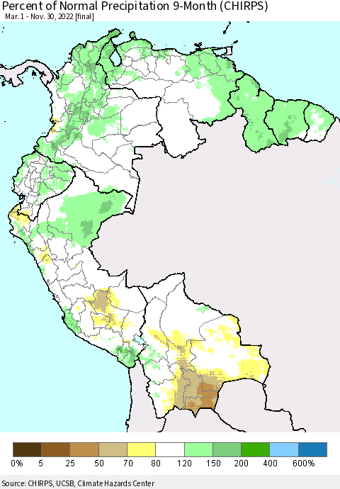 Northern South America Percent of Normal Precipitation 9-Month (CHIRPS) Thematic Map For 3/1/2022 - 11/30/2022