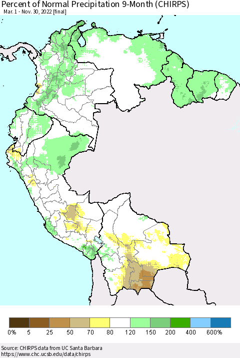 Northern South America Percent of Normal Precipitation 9-Month (CHIRPS) Thematic Map For 3/1/2022 - 11/30/2022