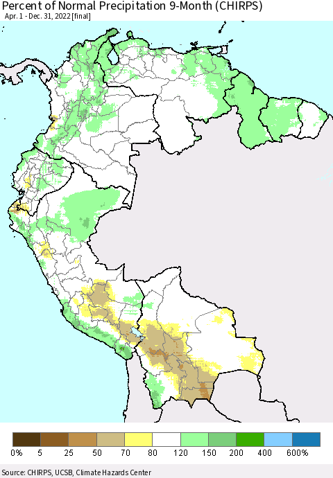 Northern South America Percent of Normal Precipitation 9-Month (CHIRPS) Thematic Map For 4/1/2022 - 12/31/2022