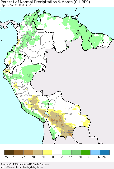Northern South America Percent of Normal Precipitation 9-Month (CHIRPS) Thematic Map For 4/1/2022 - 12/31/2022