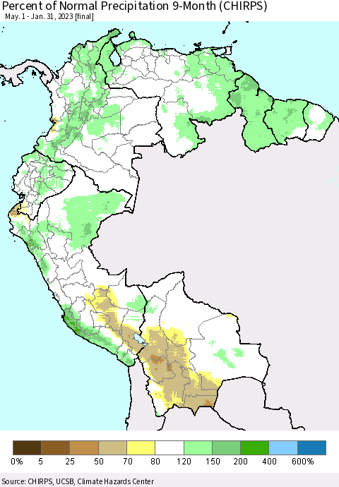 Northern South America Percent of Normal Precipitation 9-Month (CHIRPS) Thematic Map For 5/1/2022 - 1/31/2023
