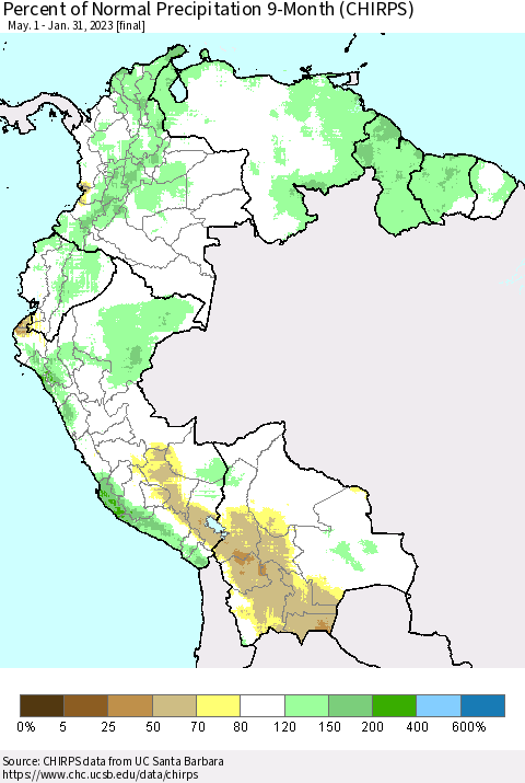 Northern South America Percent of Normal Precipitation 9-Month (CHIRPS) Thematic Map For 5/1/2022 - 1/31/2023