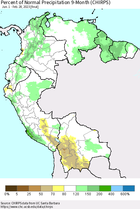 Northern South America Percent of Normal Precipitation 9-Month (CHIRPS) Thematic Map For 6/1/2022 - 2/28/2023