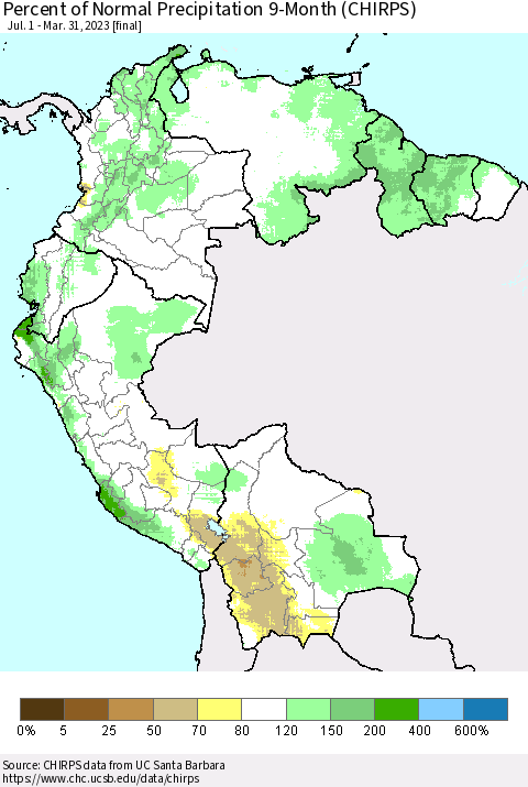 Northern South America Percent of Normal Precipitation 9-Month (CHIRPS) Thematic Map For 7/1/2022 - 3/31/2023