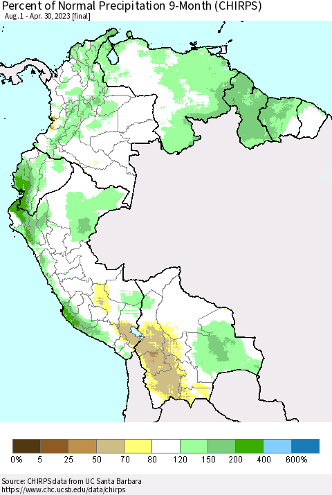 Northern South America Percent of Normal Precipitation 9-Month (CHIRPS) Thematic Map For 8/1/2022 - 4/30/2023