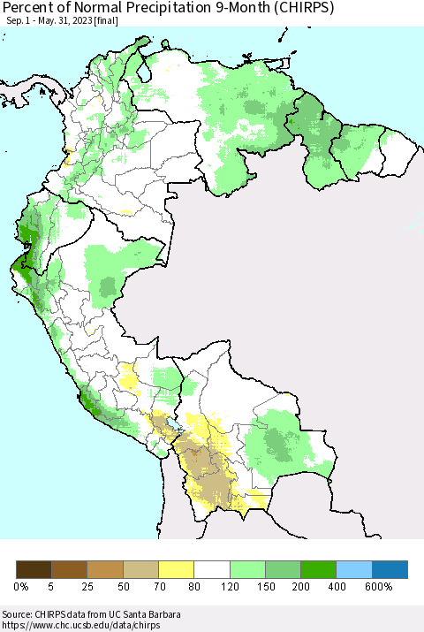 Northern South America Percent of Normal Precipitation 9-Month (CHIRPS) Thematic Map For 9/1/2022 - 5/31/2023