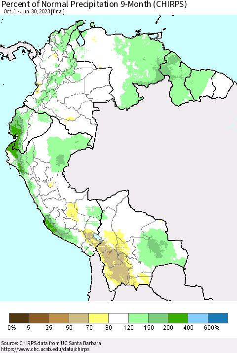 Northern South America Percent of Normal Precipitation 9-Month (CHIRPS) Thematic Map For 10/1/2022 - 6/30/2023