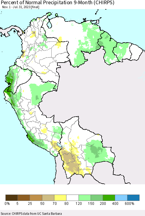 Northern South America Percent of Normal Precipitation 9-Month (CHIRPS) Thematic Map For 11/1/2022 - 7/31/2023