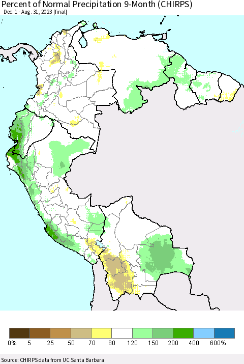 Northern South America Percent of Normal Precipitation 9-Month (CHIRPS) Thematic Map For 12/1/2022 - 8/31/2023