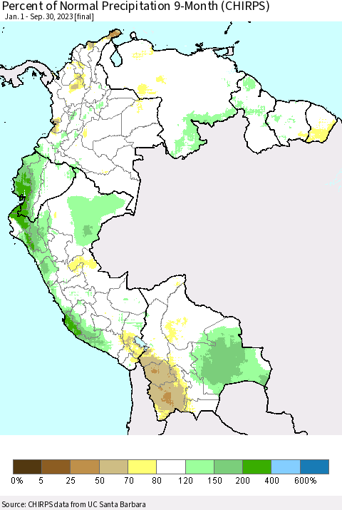 Northern South America Percent of Normal Precipitation 9-Month (CHIRPS) Thematic Map For 1/1/2023 - 9/30/2023