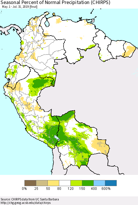 Northern South America Seasonal Percent of Normal Precipitation (CHIRPS) Thematic Map For 5/1/2019 - 7/31/2019