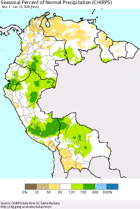 Northern South America Seasonal Percent of Normal Precipitation (CHIRPS) Thematic Map For 11/1/2019 - 1/10/2020