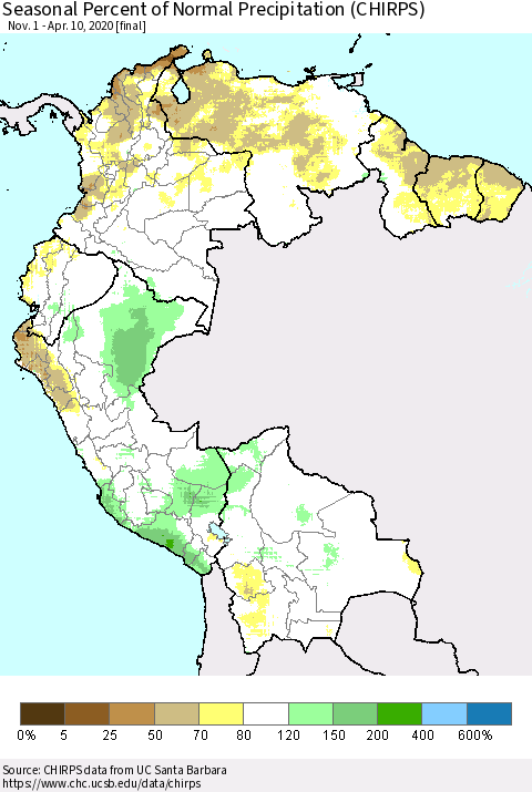 Northern South America Seasonal Percent of Normal Precipitation (CHIRPS) Thematic Map For 11/1/2019 - 4/10/2020