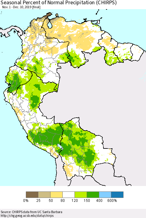 Northern South America Seasonal Percent of Normal Precipitation (CHIRPS) Thematic Map For 11/1/2019 - 12/10/2019