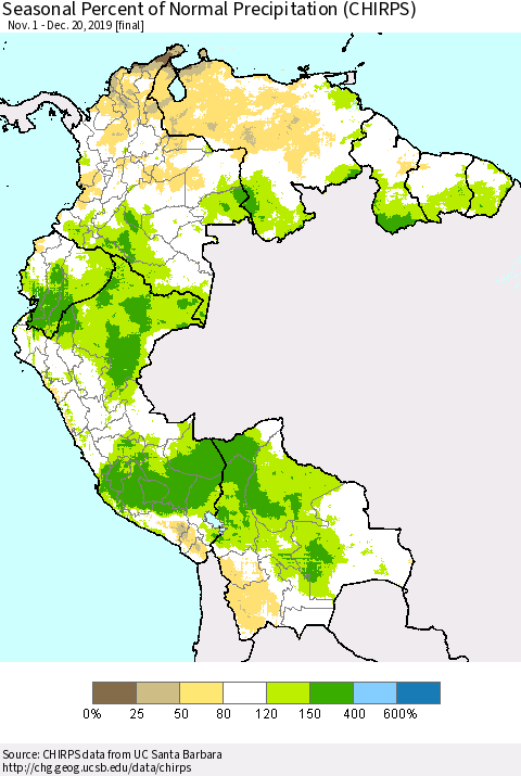 Northern South America Seasonal Percent of Normal Precipitation (CHIRPS) Thematic Map For 11/1/2019 - 12/20/2019