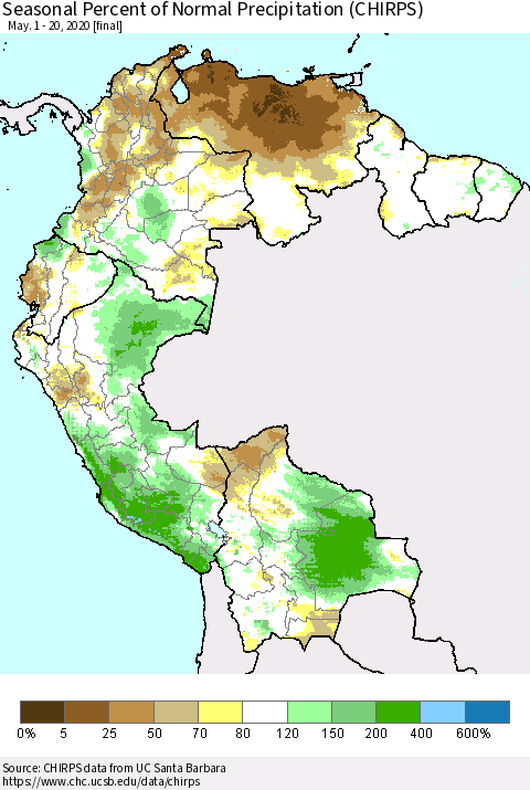 Northern South America Seasonal Percent of Normal Precipitation (CHIRPS) Thematic Map For 5/1/2020 - 5/20/2020