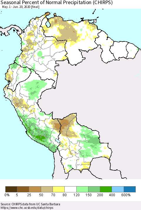 Northern South America Seasonal Percent of Normal Precipitation (CHIRPS) Thematic Map For 5/1/2020 - 6/20/2020