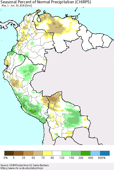 Northern South America Seasonal Percent of Normal Precipitation (CHIRPS) Thematic Map For 5/1/2020 - 6/30/2020