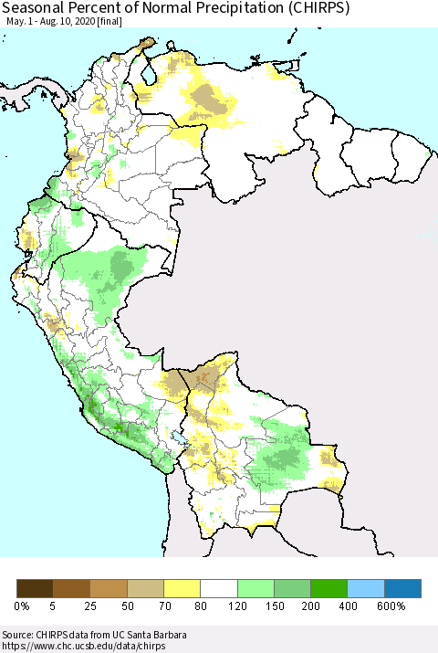 Northern South America Seasonal Percent of Normal Precipitation (CHIRPS) Thematic Map For 5/1/2020 - 8/10/2020