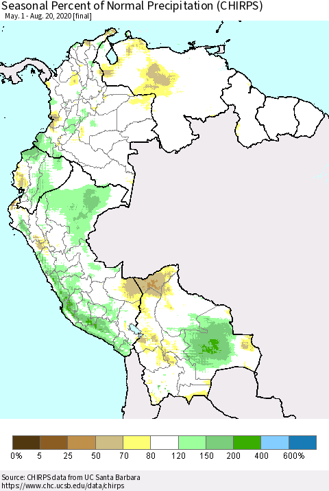 Northern South America Seasonal Percent of Normal Precipitation (CHIRPS) Thematic Map For 5/1/2020 - 8/20/2020