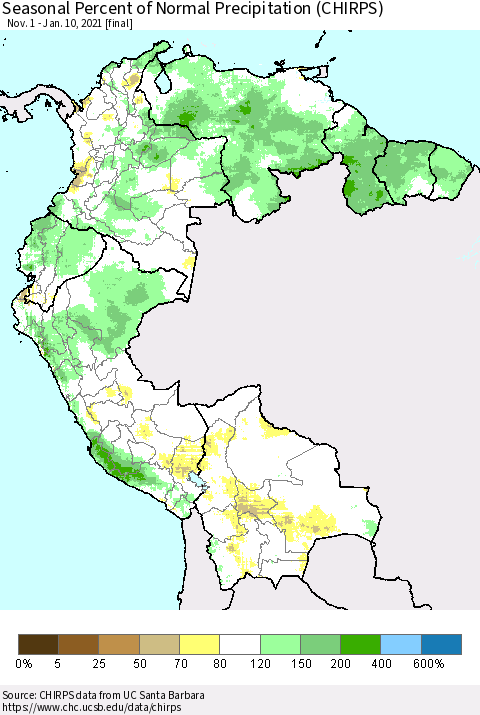 Northern South America Seasonal Percent of Normal Precipitation (CHIRPS) Thematic Map For 11/1/2020 - 1/10/2021