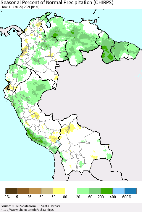 Northern South America Seasonal Percent of Normal Precipitation (CHIRPS) Thematic Map For 11/1/2020 - 1/20/2021