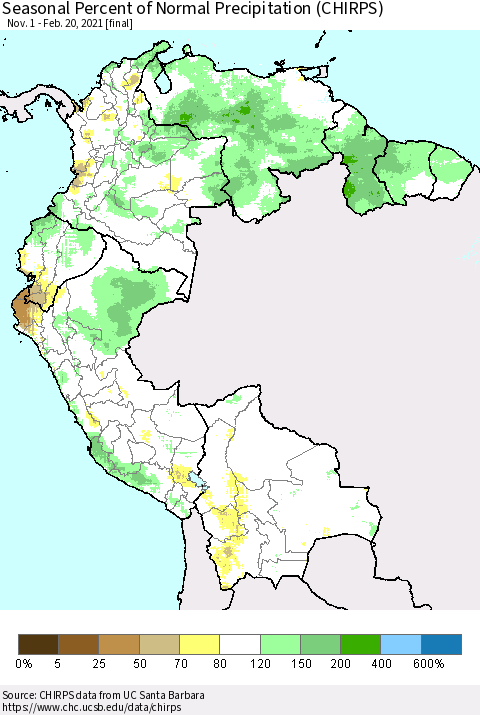 Northern South America Seasonal Percent of Normal Precipitation (CHIRPS) Thematic Map For 11/1/2020 - 2/20/2021