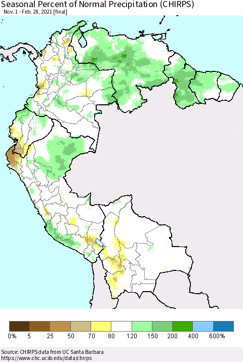 Northern South America Seasonal Percent of Normal Precipitation (CHIRPS) Thematic Map For 11/1/2020 - 2/28/2021