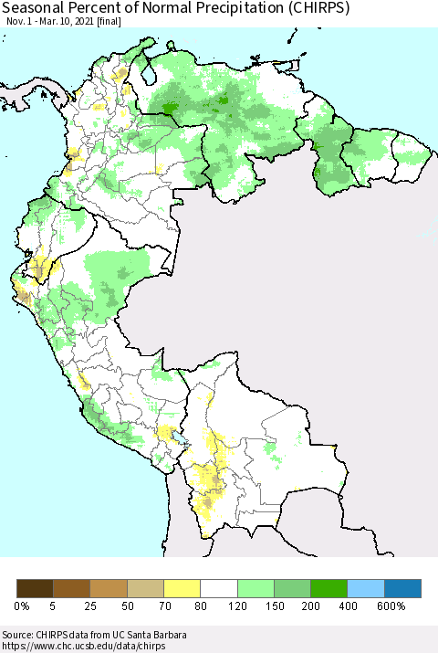 Northern South America Seasonal Percent of Normal Precipitation (CHIRPS) Thematic Map For 11/1/2020 - 3/10/2021