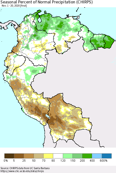 Northern South America Seasonal Percent of Normal Precipitation (CHIRPS) Thematic Map For 11/1/2020 - 11/20/2020
