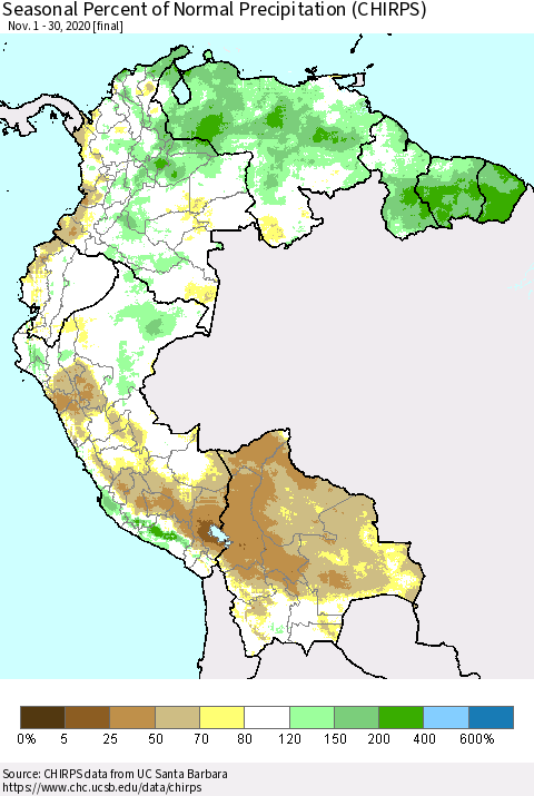 Northern South America Seasonal Percent of Normal Precipitation (CHIRPS) Thematic Map For 11/1/2020 - 11/30/2020