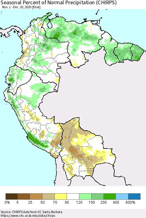 Northern South America Seasonal Percent of Normal Precipitation (CHIRPS) Thematic Map For 11/1/2020 - 12/10/2020