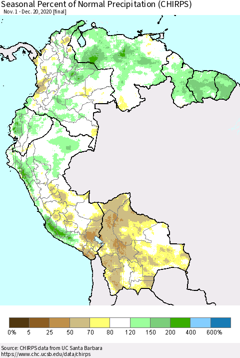 Northern South America Seasonal Percent of Normal Precipitation (CHIRPS) Thematic Map For 11/1/2020 - 12/20/2020