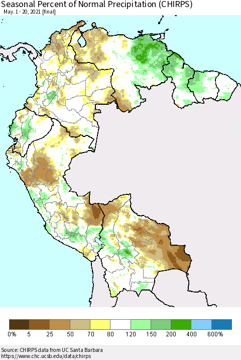 Northern South America Seasonal Percent of Normal Precipitation (CHIRPS) Thematic Map For 5/1/2021 - 5/20/2021