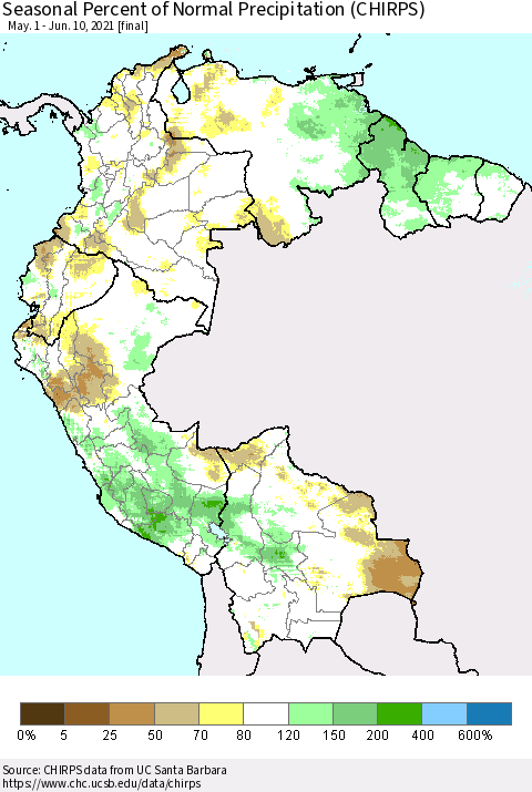 Northern South America Seasonal Percent of Normal Precipitation (CHIRPS) Thematic Map For 5/1/2021 - 6/10/2021
