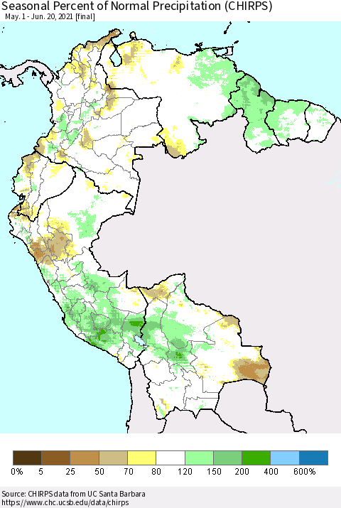 Northern South America Seasonal Percent of Normal Precipitation (CHIRPS) Thematic Map For 5/1/2021 - 6/20/2021