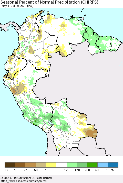 Northern South America Seasonal Percent of Normal Precipitation (CHIRPS) Thematic Map For 5/1/2021 - 7/10/2021