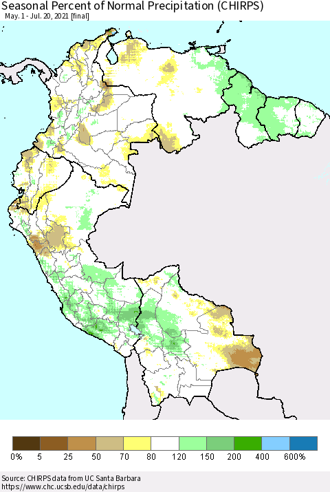 Northern South America Seasonal Percent of Normal Precipitation (CHIRPS) Thematic Map For 5/1/2021 - 7/20/2021