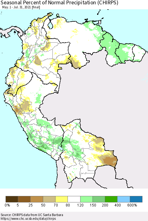 Northern South America Seasonal Percent of Normal Precipitation (CHIRPS) Thematic Map For 5/1/2021 - 7/31/2021