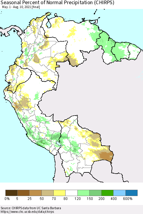 Northern South America Seasonal Percent of Normal Precipitation (CHIRPS) Thematic Map For 5/1/2021 - 8/10/2021
